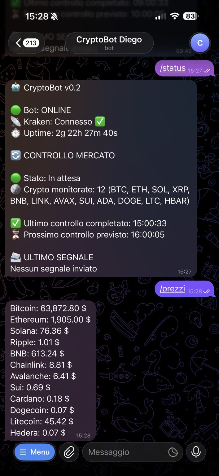 Schermata reale dello stato e dei prezzi nel progetto CryptoBot